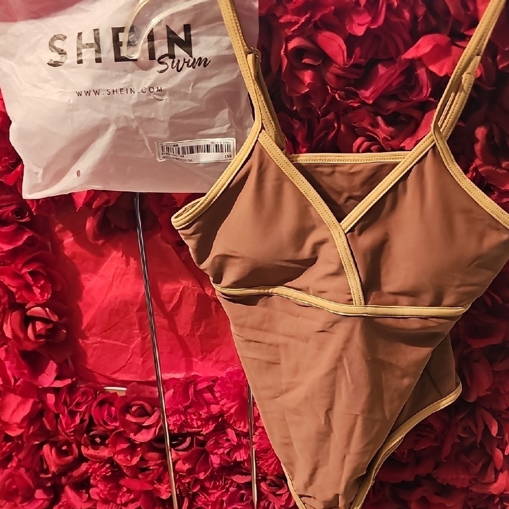 SHEIN NWT Girls Brown One-Piece Swimsuit with Tan Accents Size 11 Years